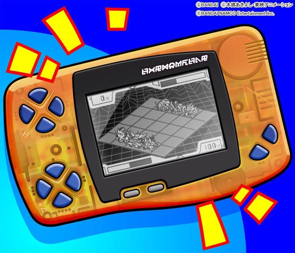 Orange WonderSwan showing a Digimon battle
